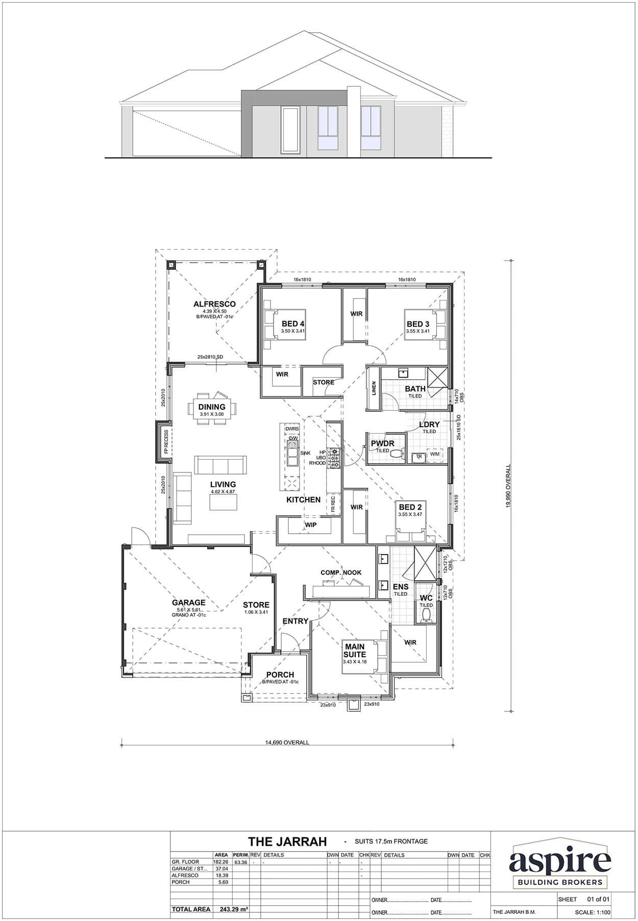The Jarrah Floor Plan - Perth New Build Home Designs. 4 Bedrooms and 17.5m Block Width. Aspire Building Brokers