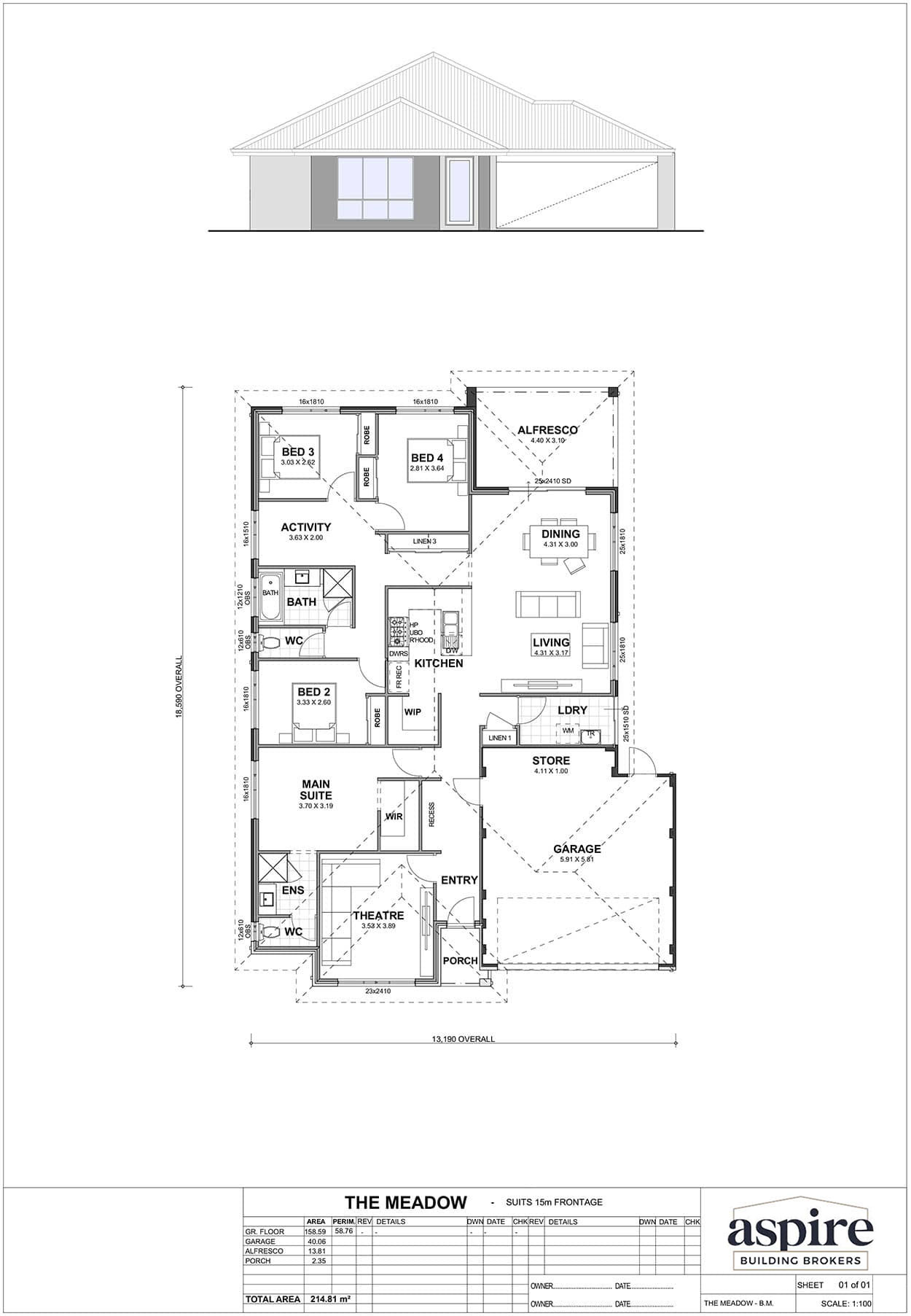 The Meadow Floor Plan - Perth New Build Home Designs. 4 Bedrooms and 15m Block Width. Aspire Building Brokers