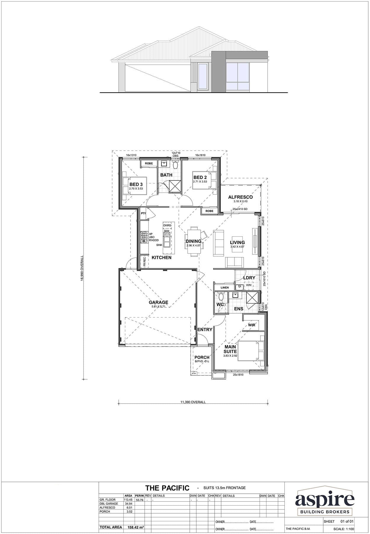 The Pacific Floor Plan - Perth New Build Home Designs. 3 Bedrooms and 13.5m Block Width. Aspire Building Brokers