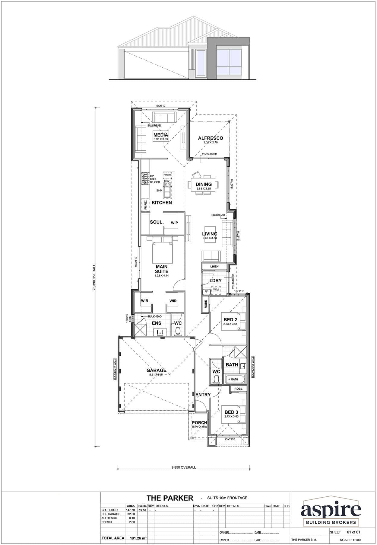 The Parker Floor Plan - Perth New Build Home Designs. 3 Bedrooms, suited for narrow blocks. Aspire Building Brokers
