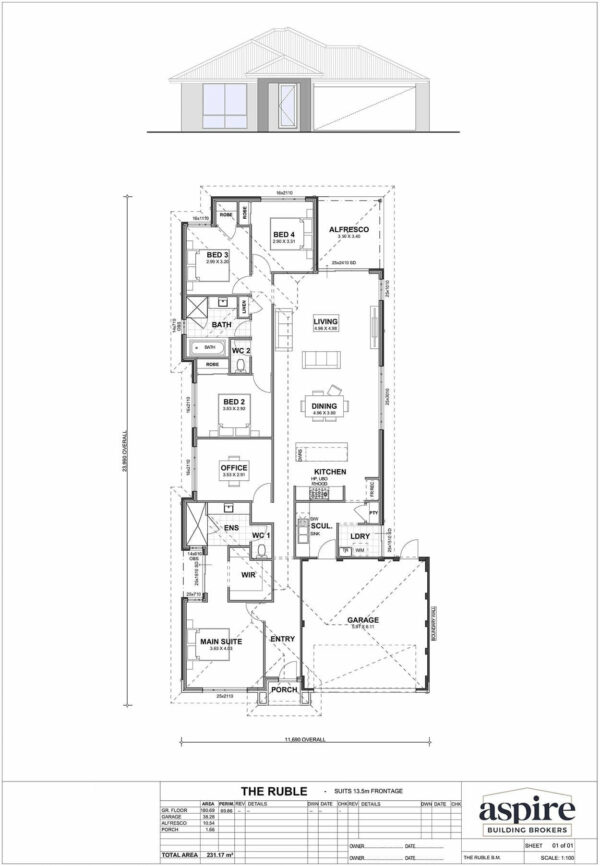 The Ruble Floor Plan - Perth New Build Home Designs. 4 Bedrooms and 13.5m Block Width. Aspire Building Brokers
