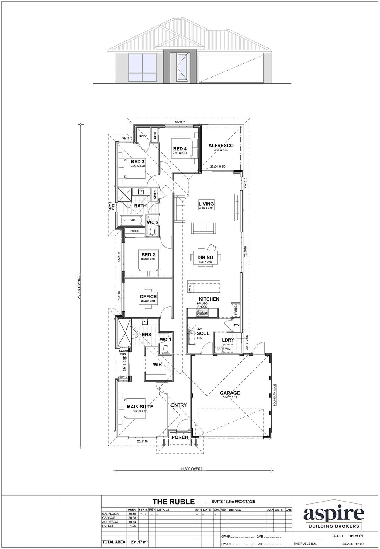 The Ruble Floor Plan - Perth New Build Home Designs. 4 Bedrooms and 13.5m Block Width. Aspire Building Brokers